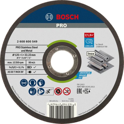 BOSCH 2608600549 PRO Stainless Steel and Metal AS 60 T INOX BF Rapido egyenes AS 60 T INOX BF, 125 mm, 1,0 mm, 22,23 mm