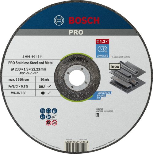 BOSCH 2608601514 PRO Stainless Steel and Metal WA 36 R BF hajlított WA 36 R BF, 230 mm, 22,23 mm, 1,9 mm